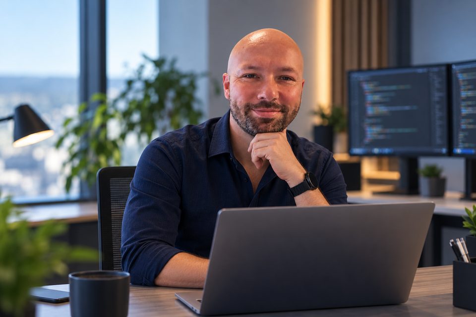 Chris Röder at his workspace with laptop and monitors